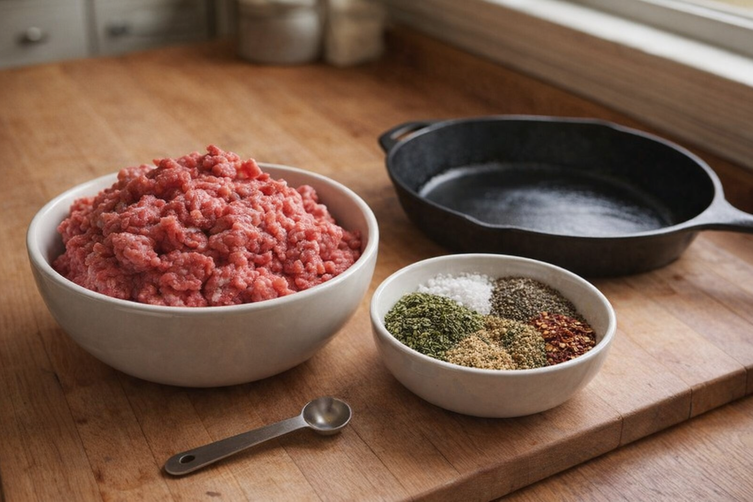 A close up shot of raw ground beef in a bowl next to a bowl of measured spices and herbs and a skillet on a wooden cutting board, natural window light